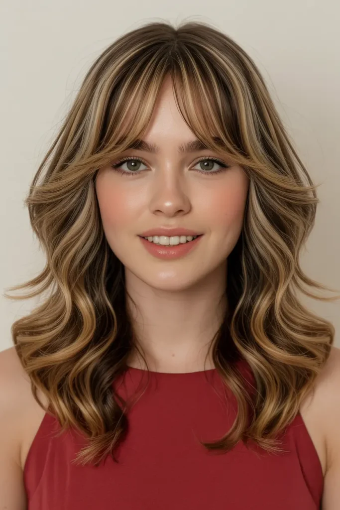 33. Wavy Curtain Bangs for Medium Hair