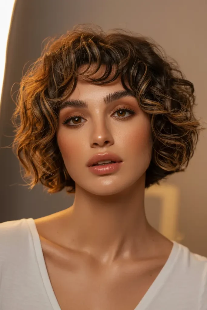 34. Curly Short Hair With Curtain Bangs and Side Parted Bob