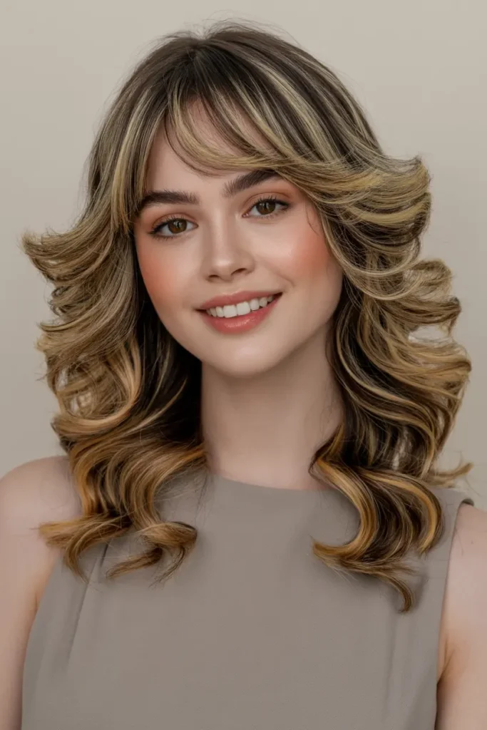 34. Soft Curls with Curtain Bangs for Medium Hair