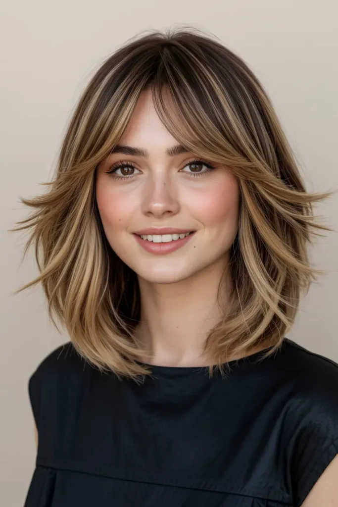 35. Textured Bob with Curtain Bangs for Medium Hair