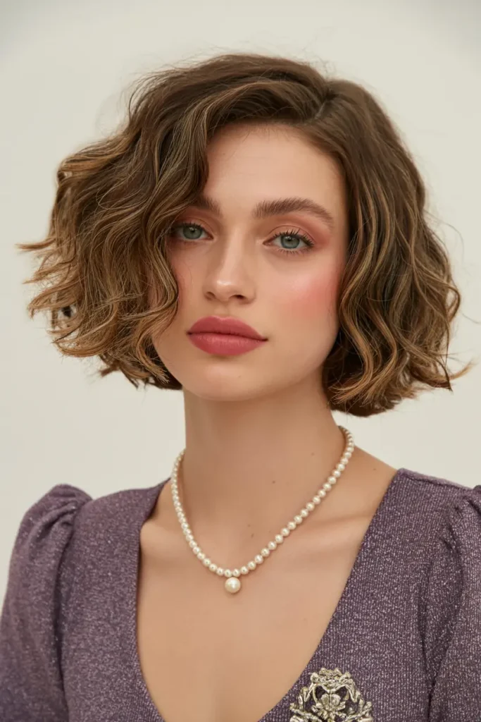 36. Cropped Wavy Brunette Bob with Textured Layers