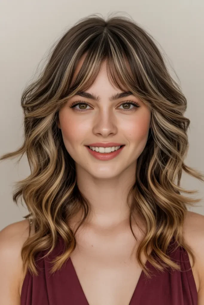 37. Romantic Wavy Curtain Bangs for Medium Hair