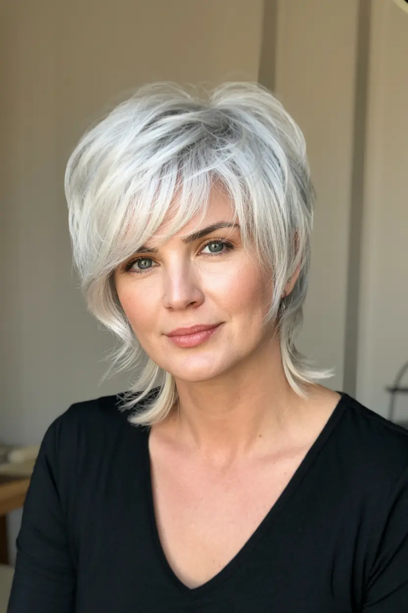 4. Silver Layers with Side Swept Bangs