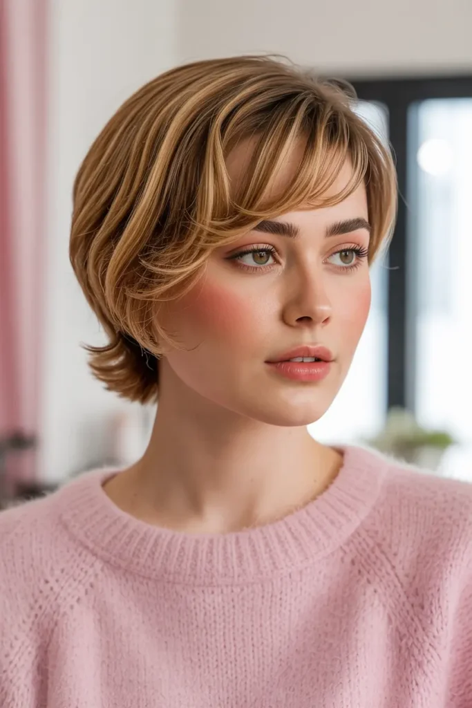 41. Side Swept Short Hair With Curtain Bangs on Pixie