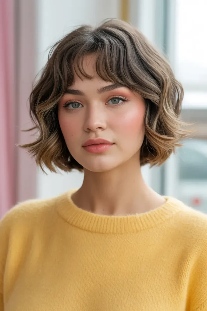 42. Short Bob with Feathered Short Hair With Curtain Bangs