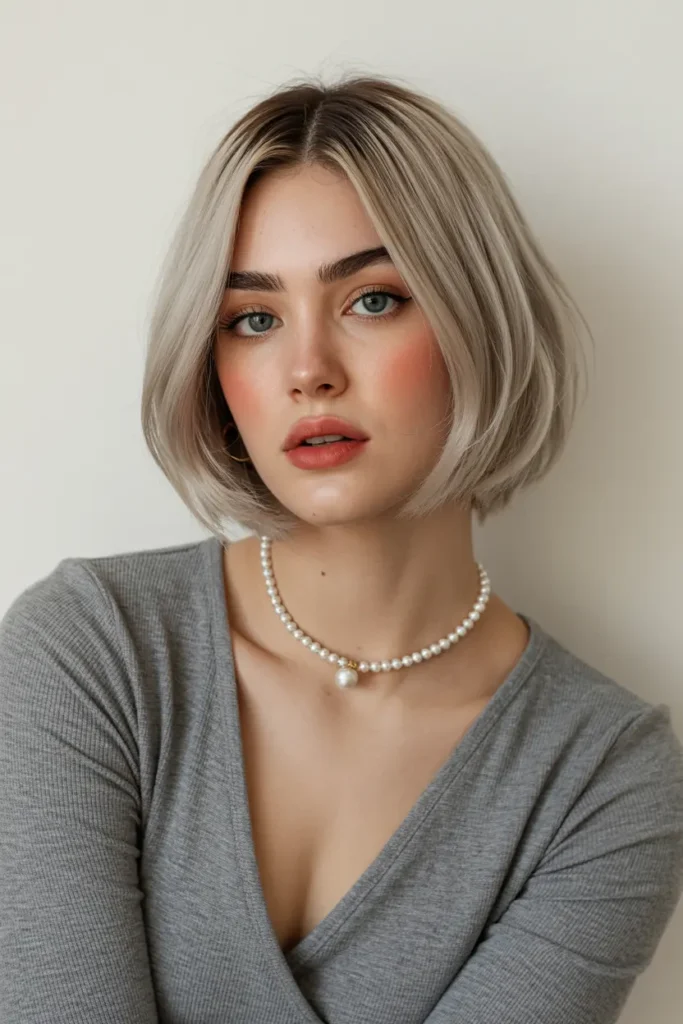 50. Edgy Platinum Bob with Root Shadow