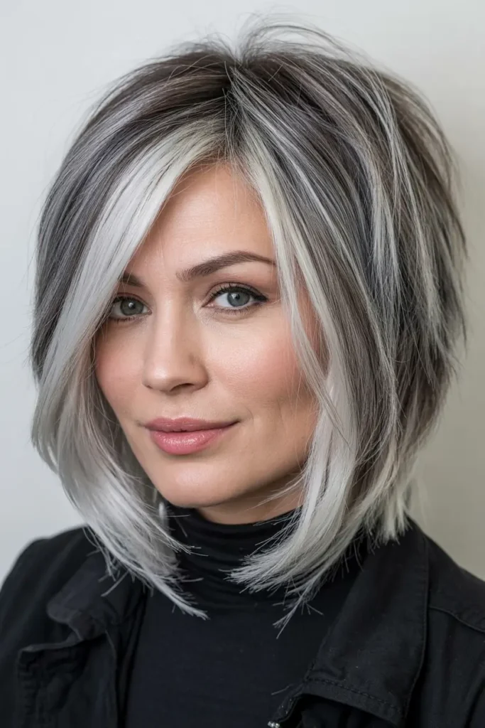 6. Inverted Gray Balayage Bob with Overlapping Layers
