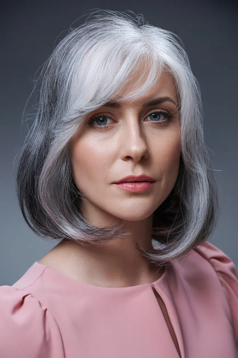 66. Long Gray Bob with Side Bangs