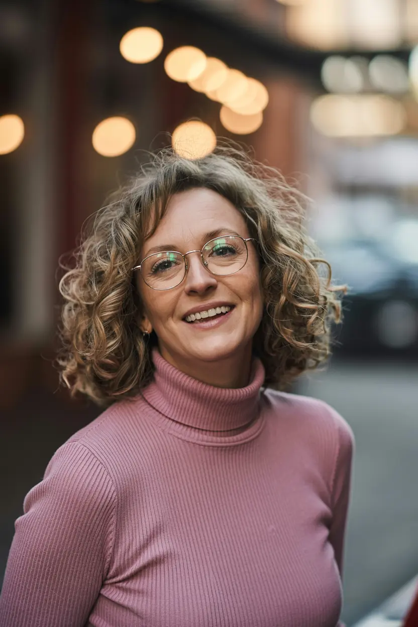 68. Curly Shoulder Length Layers with Glasses