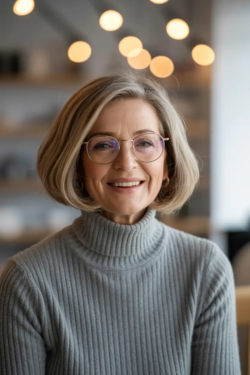 70. Elegant Side Parted Bob with Glasses