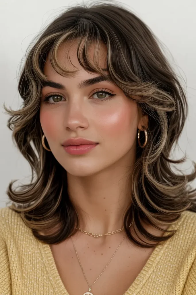 8. Soft Curtain Bangs with Loose Curls for Medium Hair