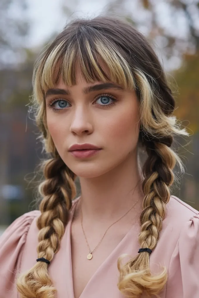 25 Braided Pigtails with Bangs to Freshen Your Look 1 1.classic braided pigtails with straight bangs