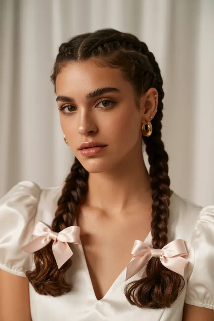 25 Adorable Braided Pigtails with Bows for Any Occasion 1 1.classic pigtails with sastin bow