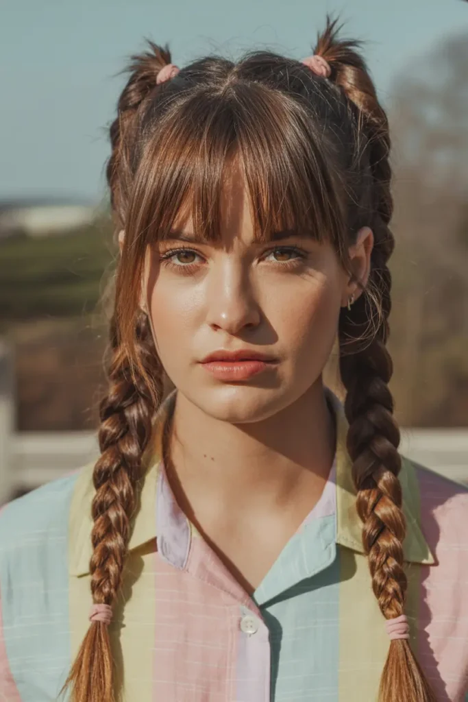 25 Braided Pigtails with Bangs to Freshen Your Look 19 10.high braided pigtails with blunt bangs