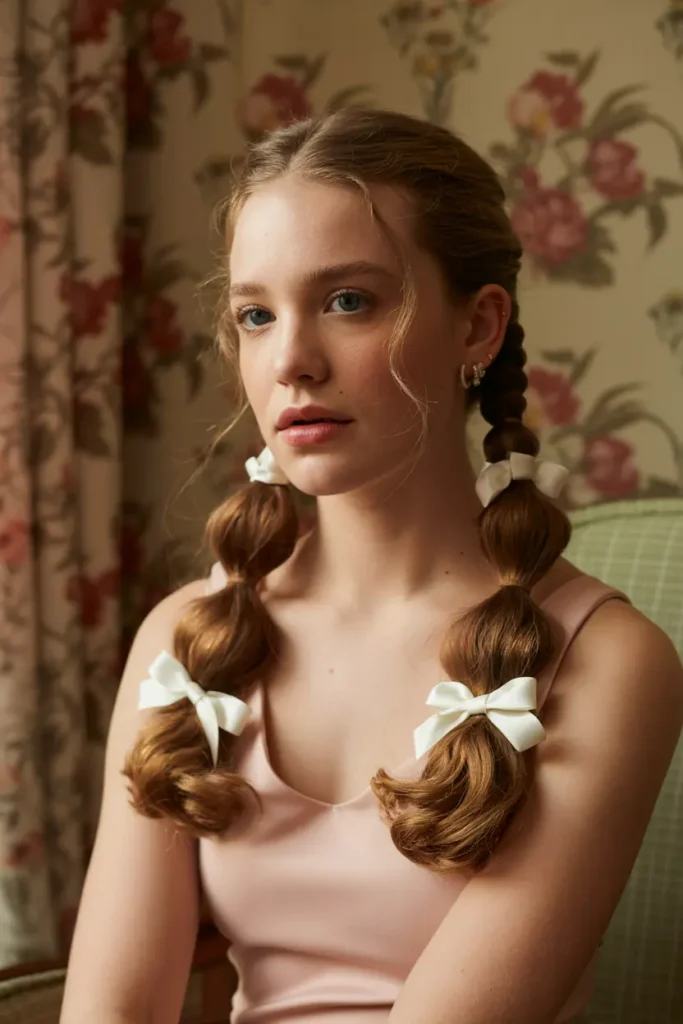 11.bubble braid pigtails with ribbons