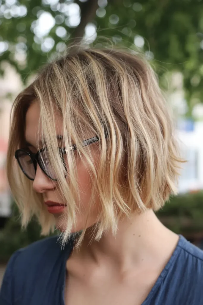 12.textured A line bob with a blonde balayage