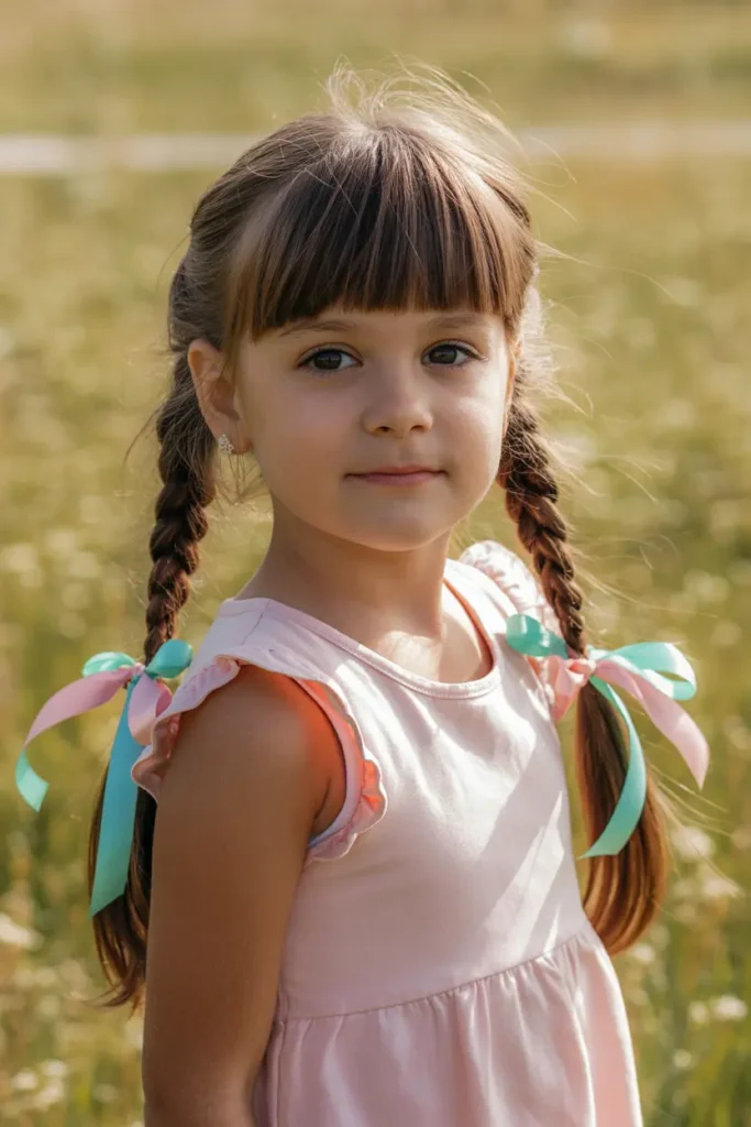 25 Braided Pigtails with Bangs to Freshen Your Look 27 14.braided pigtails with ribbon bangs