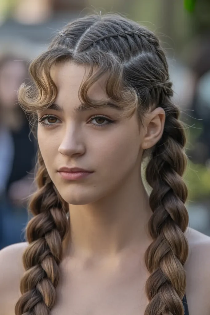 25 Braided Pigtails with Bangs to Freshen Your Look 29 15.zig zag part braided pigtails with bangs