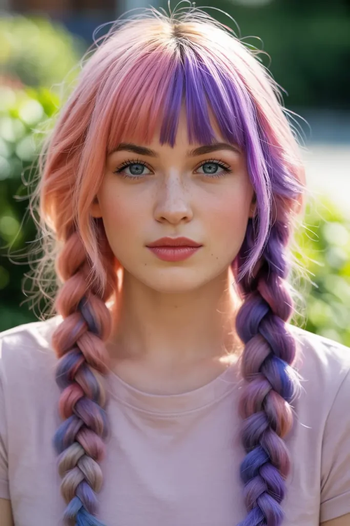 25 Braided Pigtails with Bangs to Freshen Your Look 35 18.braided pigtails with colorful bangs