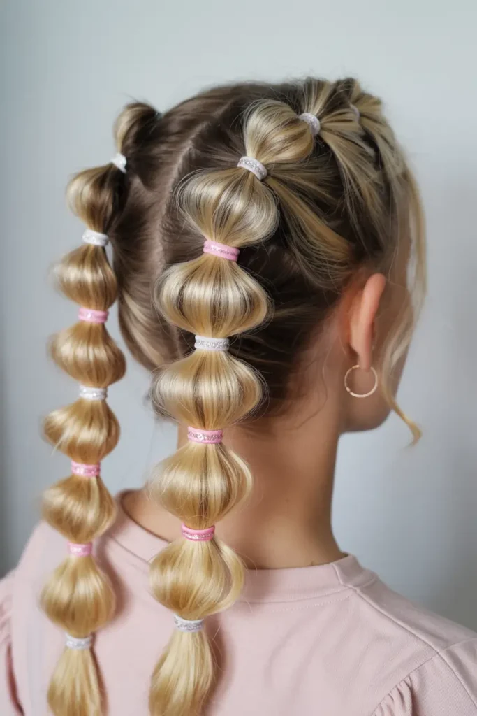 18.bubble braid pigtails with glitter ties