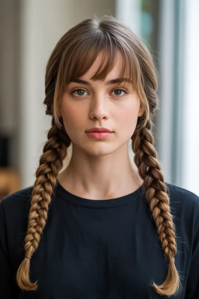 25 Braided Pigtails with Bangs to Freshen Your Look 37 19.protective braided pigtails wioth bangs