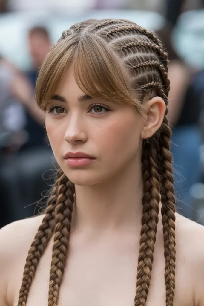 25 Braided Pigtails with Bangs to Freshen Your Look 3 2.cornrow braided pigtails with side bangs