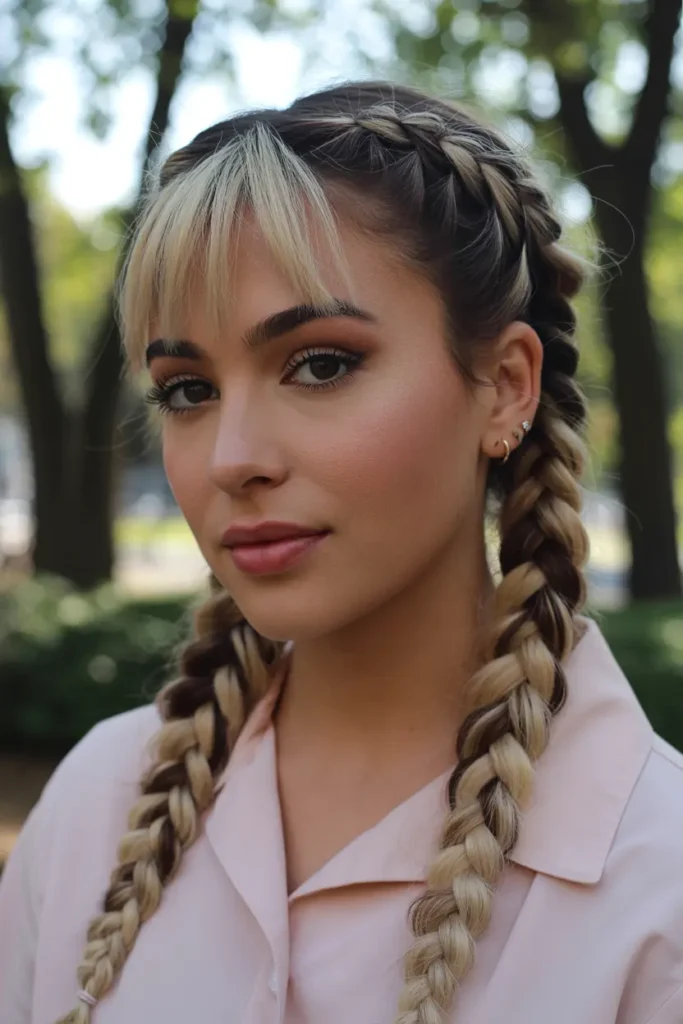 25 Braided Pigtails with Bangs to Freshen Your Look 39 20.braided pigtails with scalp design bangs