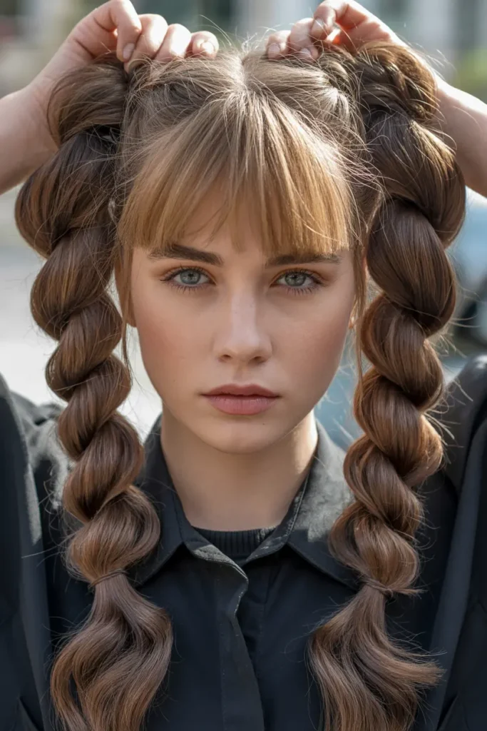 25 Braided Pigtails with Bangs to Freshen Your Look 41 21.twisted braided pigtails with bnags