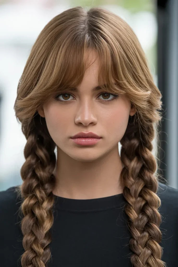 25 Braided Pigtails with Bangs to Freshen Your Look 43 22.braided pigtails with layered bangs