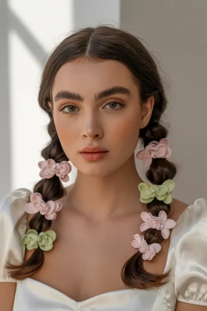 22.bubble braid pigtails with barrettes