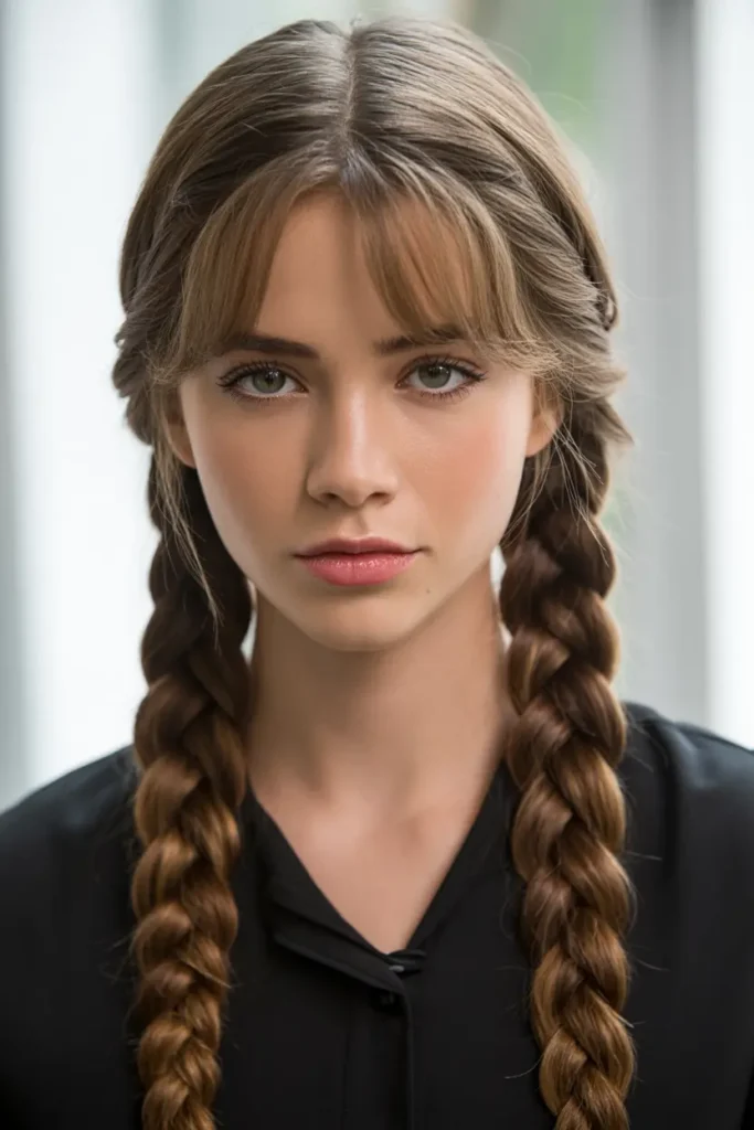 25 Braided Pigtails with Bangs to Freshen Your Look 47 24.braided pigtails with arched bangs