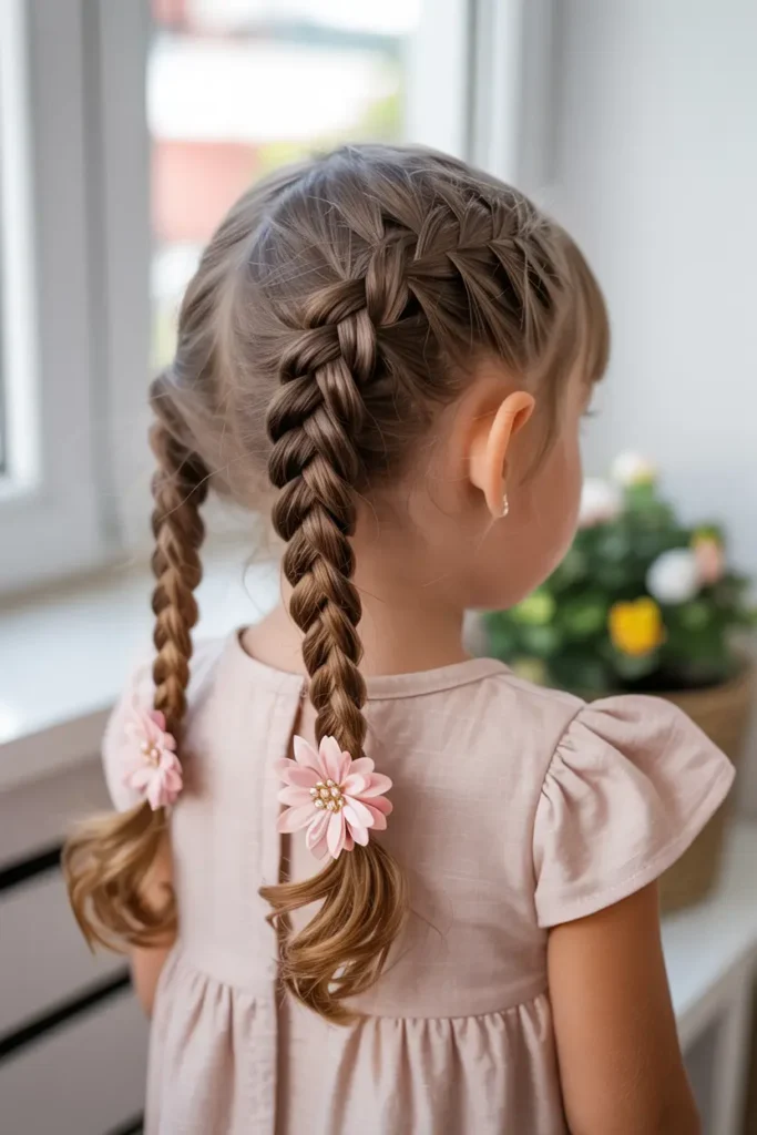 25 Easy Braided Pigtails for Kids That Look Adorable 49 25.braided pigtails for kids with flower clips