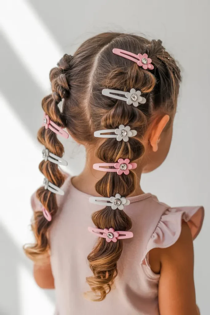25.bubble braid pigtails with floral clips