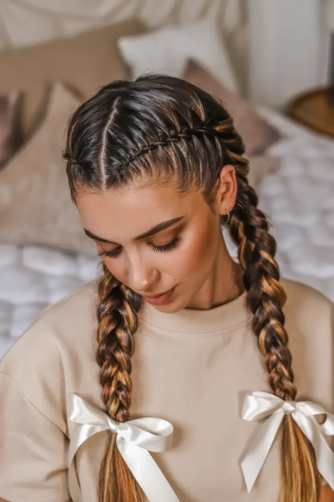 25 Adorable Braided Pigtails with Bows for Any Occasion 49 25.triangle part pigtails with bows