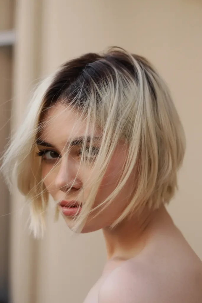 27.tousled bob with dark roots