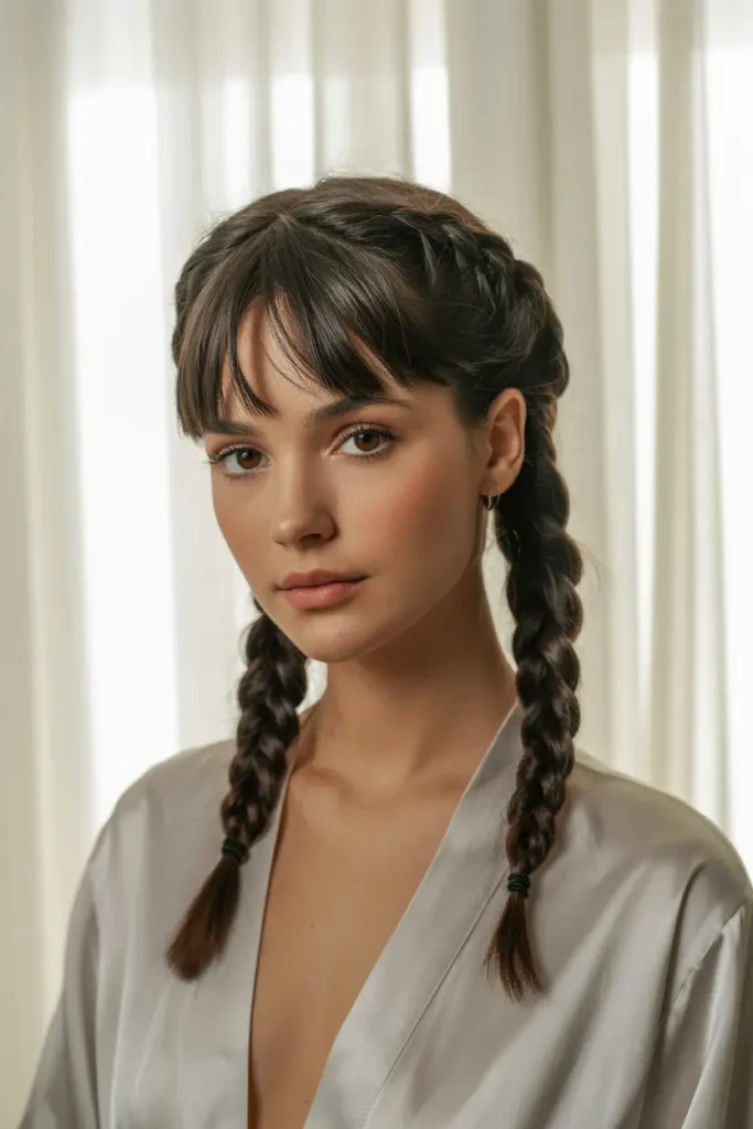 25 Braided Pigtails with Bangs to Freshen Your Look 7 4.french braided pigtails with bangs