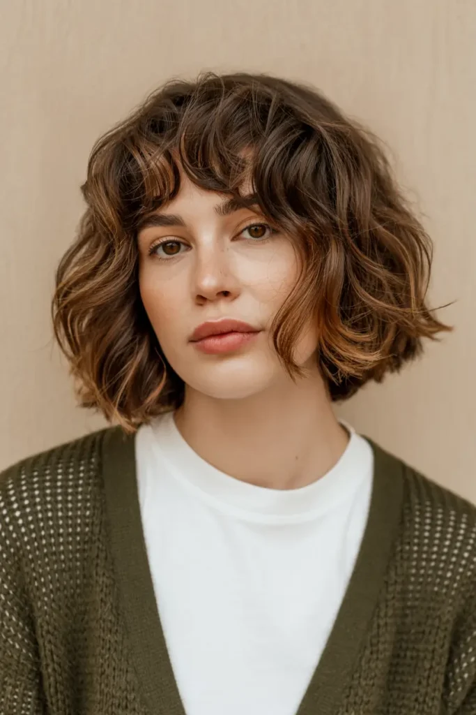 42.brunette curly bob with bangs