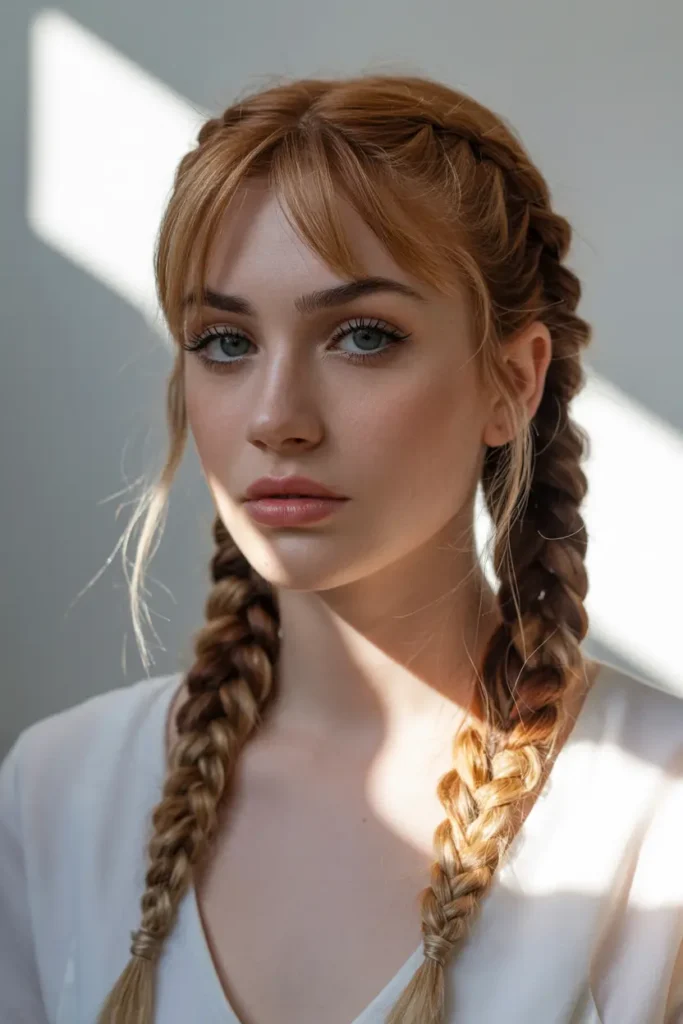 25 Braided Pigtails with Bangs to Freshen Your Look 9 5.dutch braided pigtails with bangs