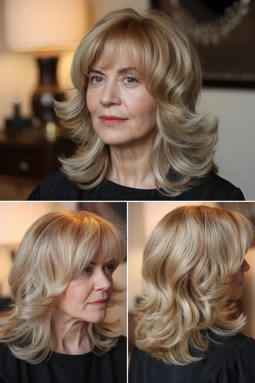 55.rounded feathered layers with bangs