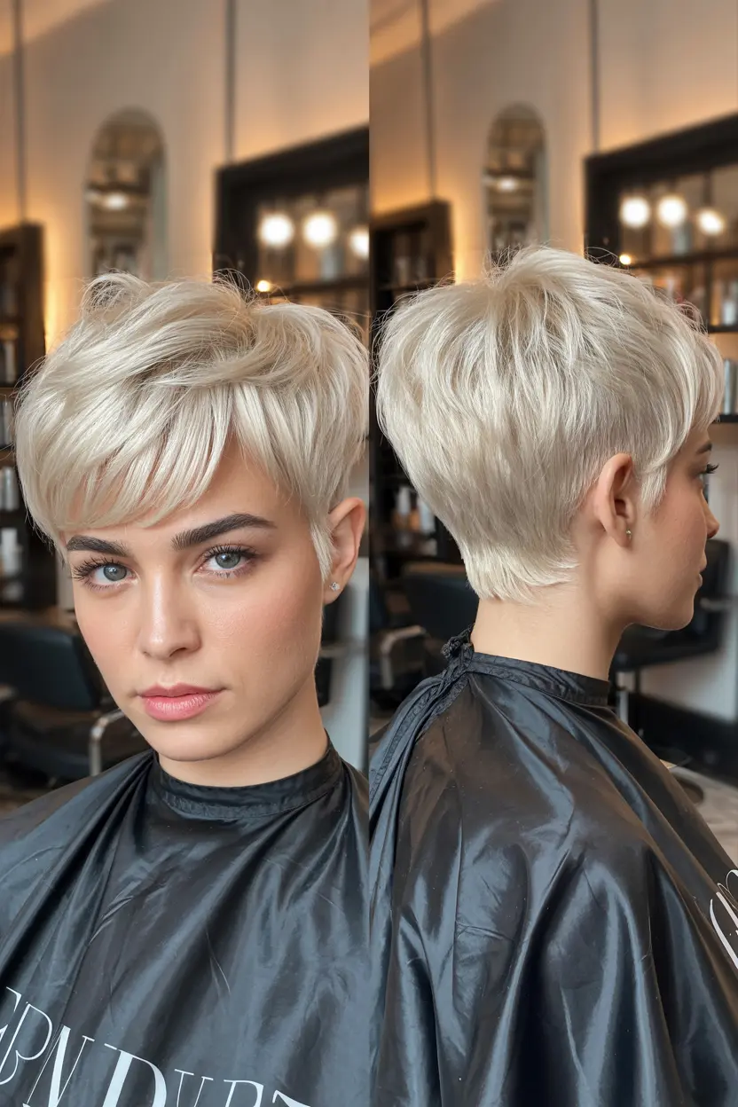 60. brushed forward pixie with bangs