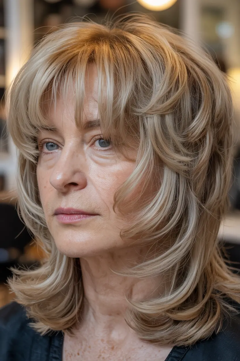 63. tousled layered shag with bangs