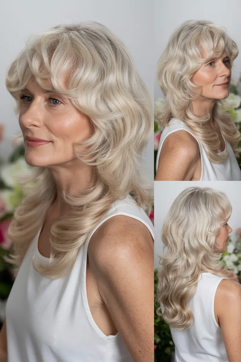 65. long layered loose curls with bangs