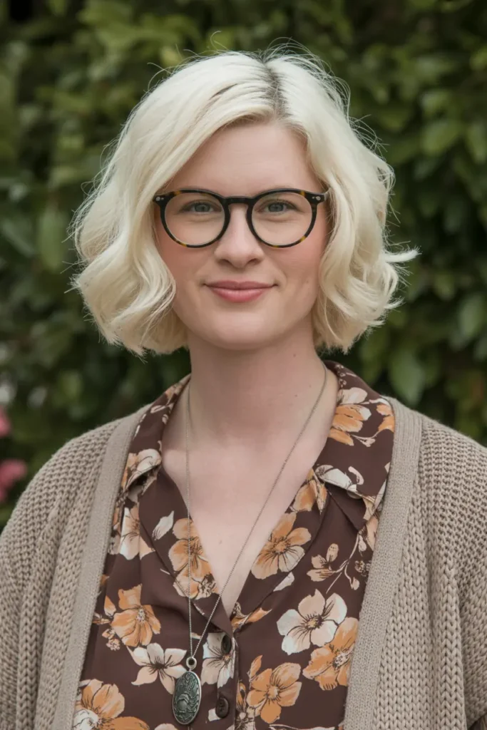 70.neck length white curly shag bob