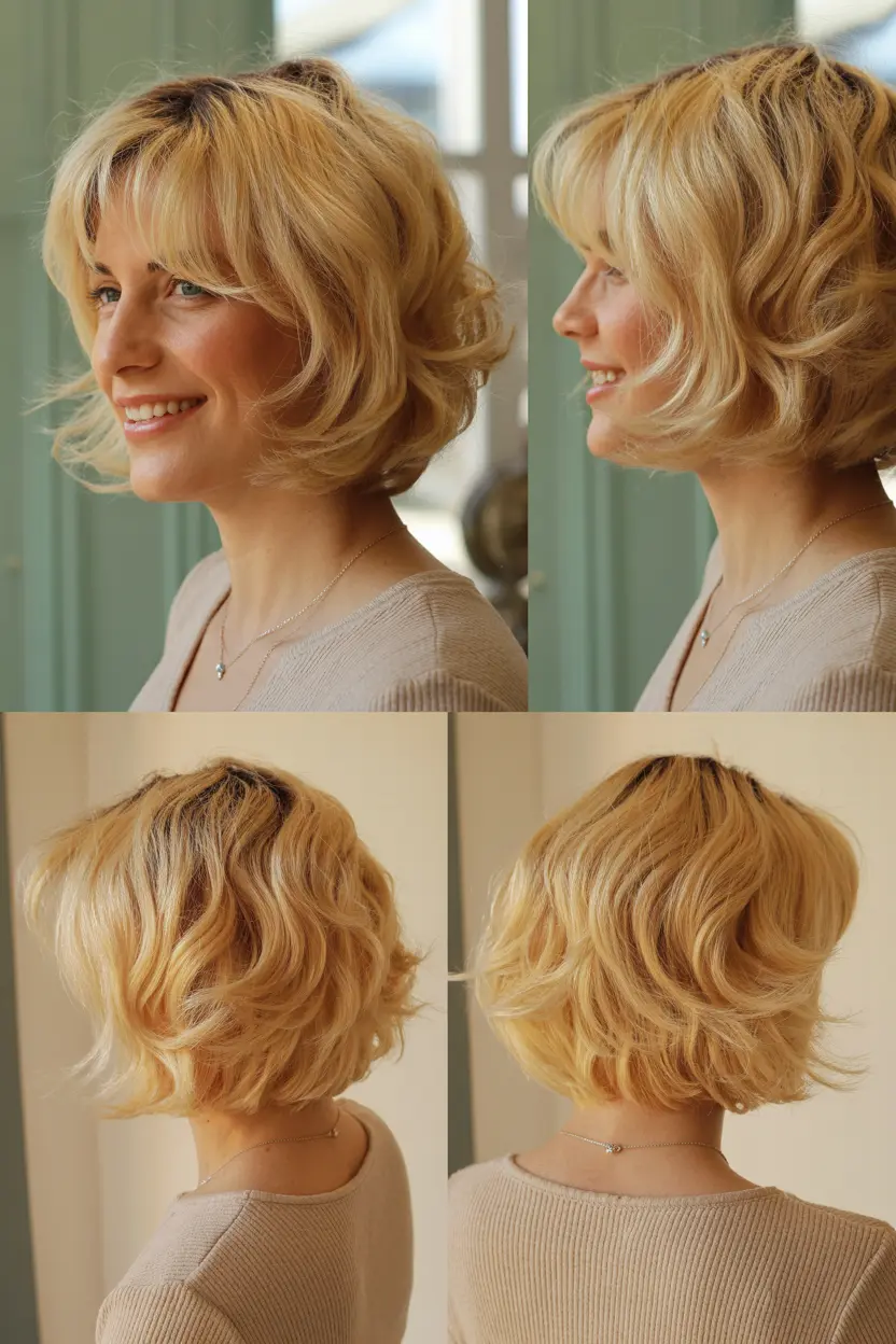 74. short layered curls with banfs