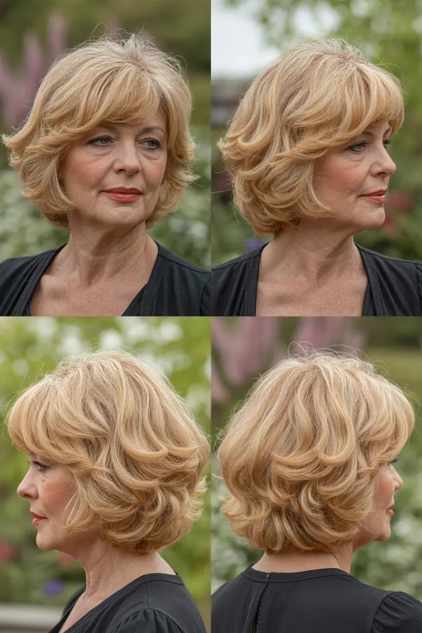 76. curly layered bob with bangs