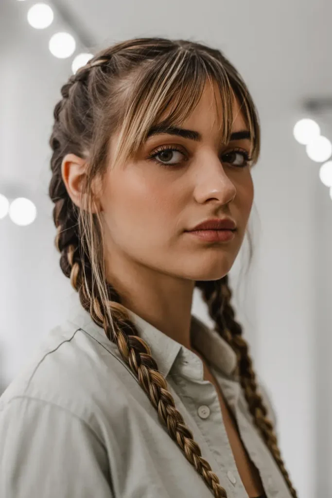 25 Braided Pigtails with Bangs to Freshen Your Look 17 9.side parted braided pigtails with bangs