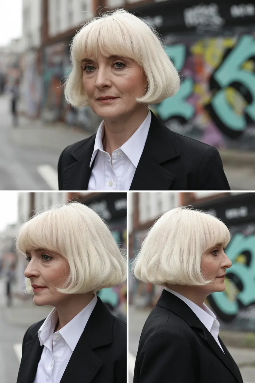 95. bold angled bob with sharp fringe