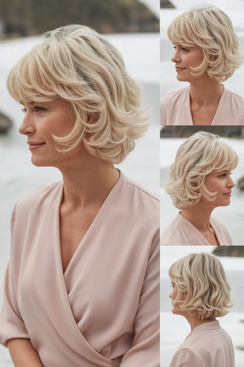 96. feminine wavy mid length with feathered bangs