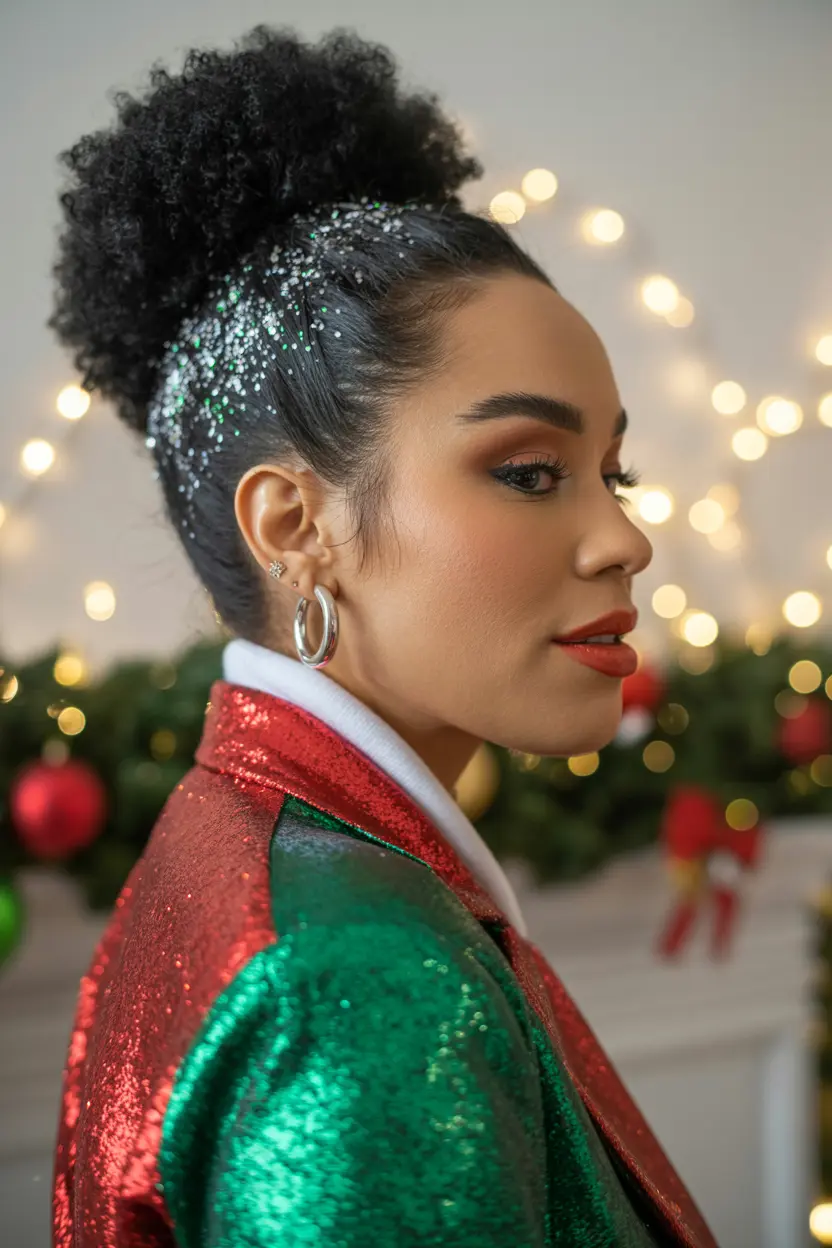 11.afro puff with glitter hair spray