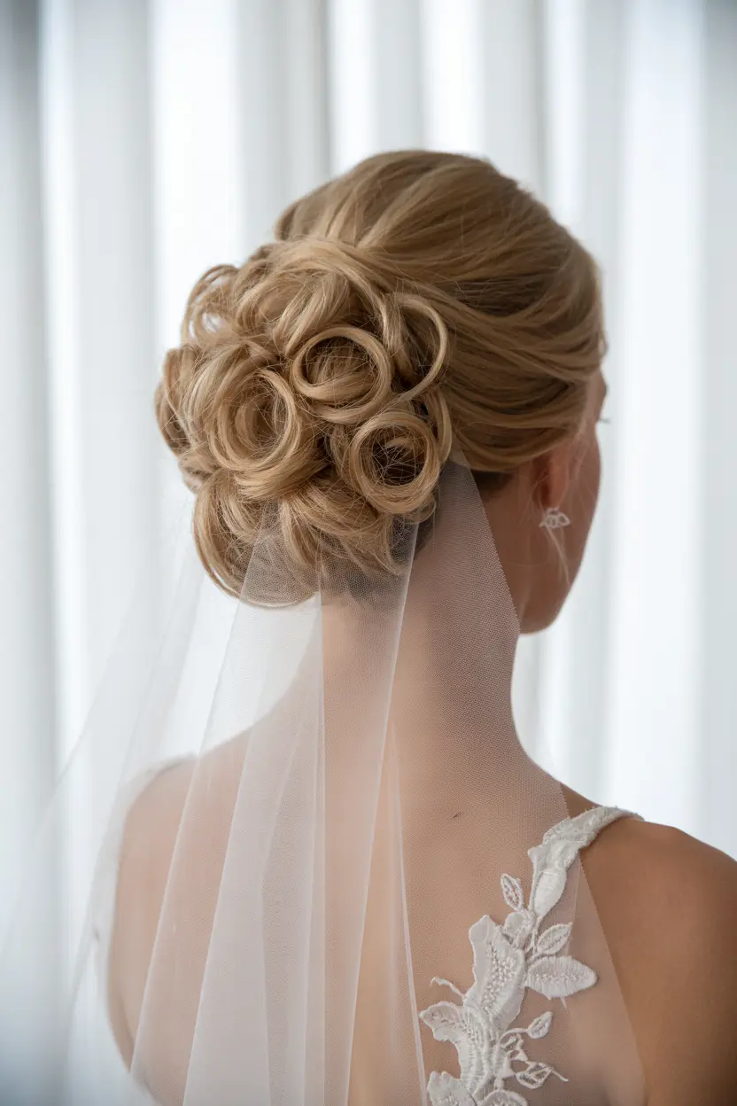 11.curly high bun with veil